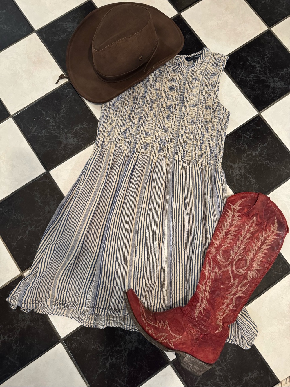 French Connection Denim Smocked Striped Sundress sz 6